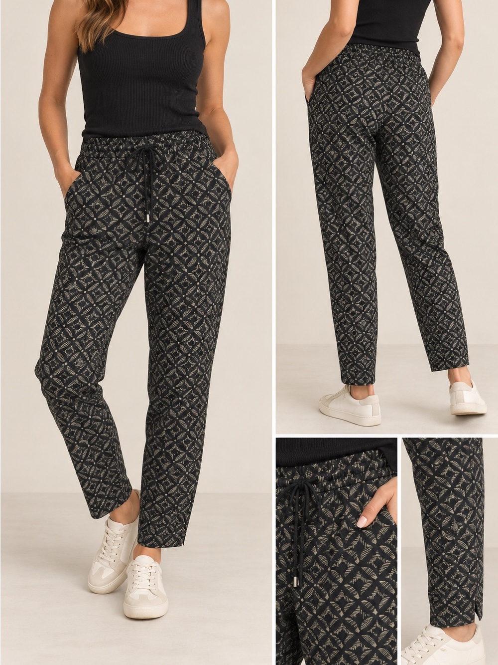 Dex Black Geo-Print Drawstring Straight-Leg Pants